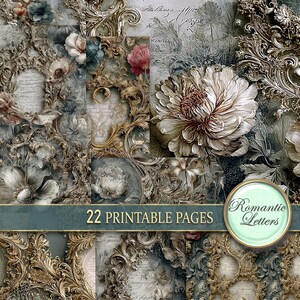 Digital printable wedding invitation card making scrapbook paper pack Shabby Chic wedding printables flowers baroque floral patterns gray