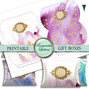 May include: Printable gift box templates featuring watercolor designs with gold stars and a gold ornate frame. The text "Romantic Letters" and "Gift Boxes" is included on the template.