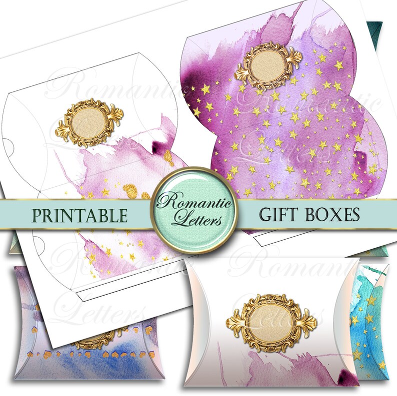 May include: Printable gift box templates featuring watercolor designs with gold stars and a gold ornate frame. The text "Romantic Letters" and "Gift Boxes" is included on the template.