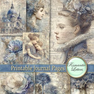 Könnte beinhalten: Eine Collage aus druckbaren Journalseiten mit Vintage-Ästhetik. Das Design zeigt Illustrationen von Frauen, Blumen und architektonischen Elementen in Blau-, Beige- und Sepiatönen. Der Text "Printable Journal Pages" ist zu sehen.
