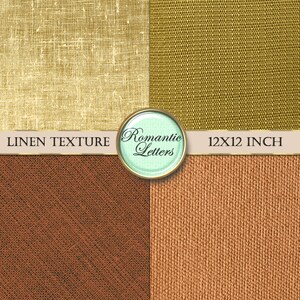 Peut inclure: Quatre textures de lin diff&eacute;rentes en brun, beige et vert. Chaque texture mesure 30,5 x 30,5 cm. Le texte "Linen Texture" et "Romantic Letters" est visible sur l'image.