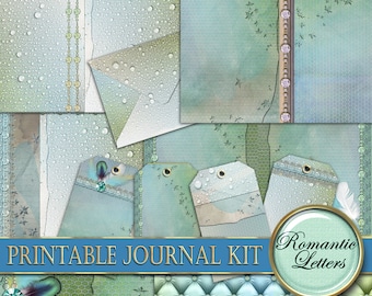 May include: Printable journal kit with a blue and green color scheme. The kit includes various papers, tags, and embellishments with a romantic theme. The text "Romantic Letters" is featured on a gold circle.