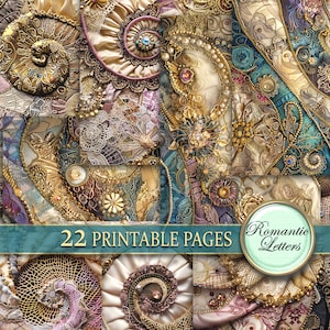 Boho Muster Digital printable Scrapbook Papier Pack Quilt Junk Journal Seiten druckbar Handwerk Papier shabby chic Karte machen Gold Seide