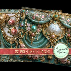 Puede incluir: Un dise&ntilde;o digital ornamentado con cortinas turquesas, adornos dorados y rosas rosas. El dise&ntilde;o incluye el texto "22 PRINTABLE PAGES" en una pancarta roja y un logotipo circular que dice "Romantic Letters".