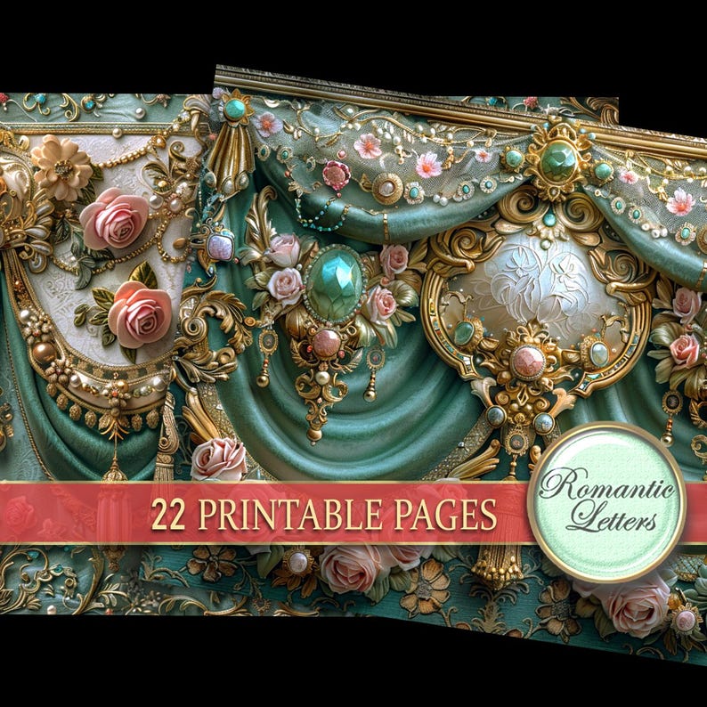 Puede incluir: Un dise&ntilde;o digital ornamentado con cortinas turquesas, adornos dorados y rosas rosas. El dise&ntilde;o incluye el texto "22 PRINTABLE PAGES" en una pancarta roja y un logotipo circular que dice "Romantic Letters".