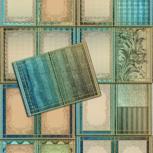 May include: Digital printable journal pages with a vintage aesthetic. The design features a collage of textured backgrounds in shades of blue, teal, and beige, with decorative frames and the text "PRINTABLE JOURNL PAGES 8.5X11".