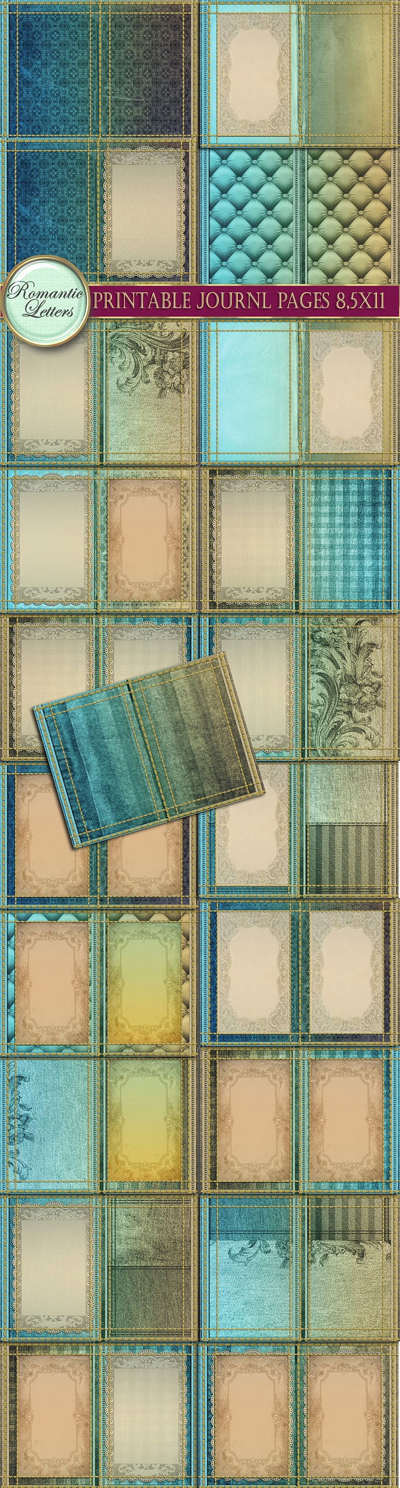 May include: Digital printable journal pages with a vintage aesthetic. The design features a collage of textured backgrounds in shades of blue, teal, and beige, with decorative frames and the text "PRINTABLE JOURNL PAGES 8.5X11".