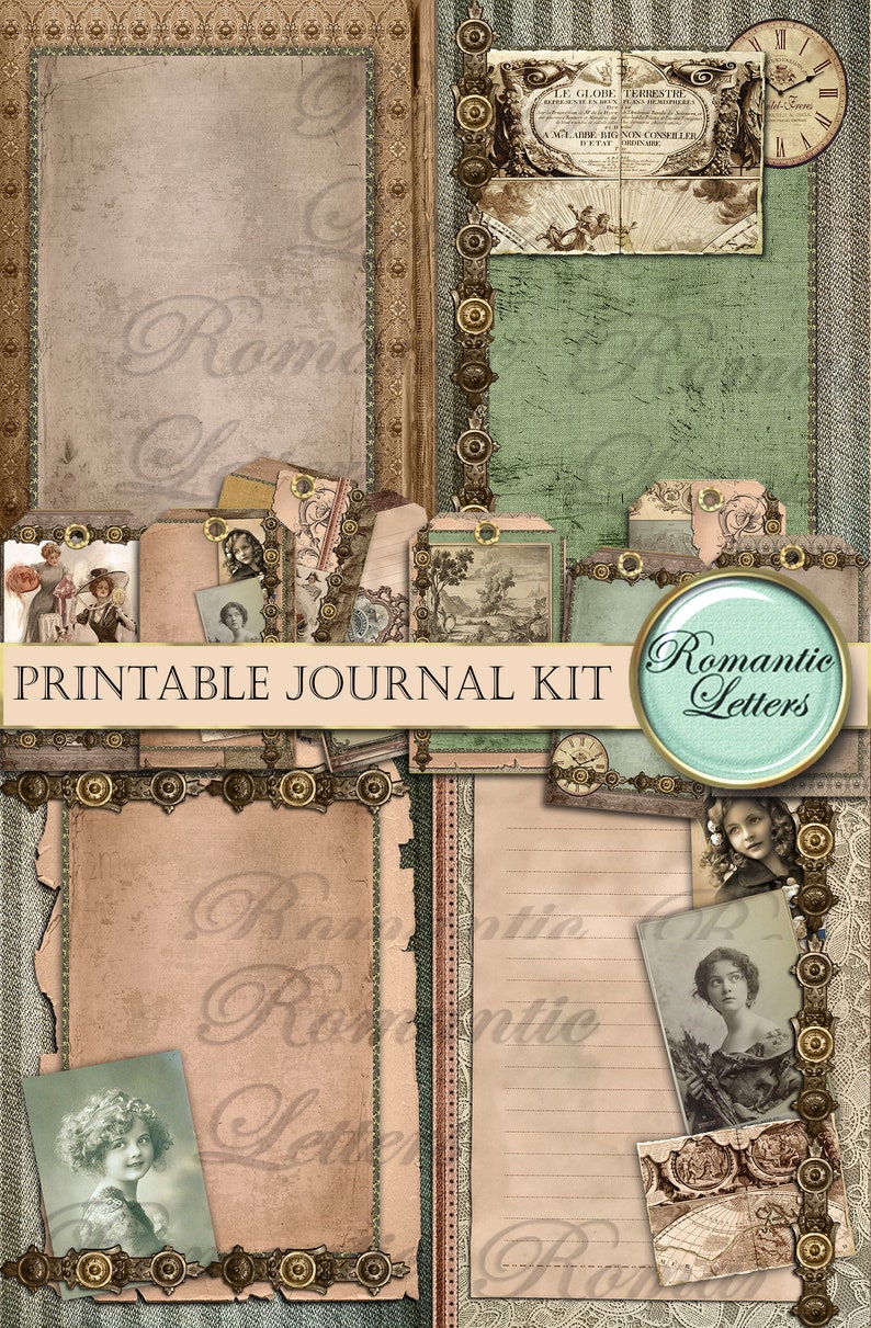 May include: Printable journal kit with a vintage aesthetic. The kit includes various papers, tags, and images with a romantic theme. The papers are in shades of brown, pink, and green with a distressed look. The tags have a lace trim and are decorated with metal accents. The images include a globe, a clock, and a couple of girls.