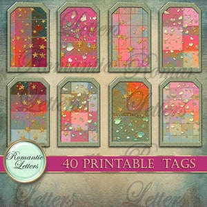 May include: 40 printable tags with a patchwork design featuring pink, red, and blue colors with gold stars and hearts. The tags have a distressed look and are perfect for adding a vintage touch to your crafts.