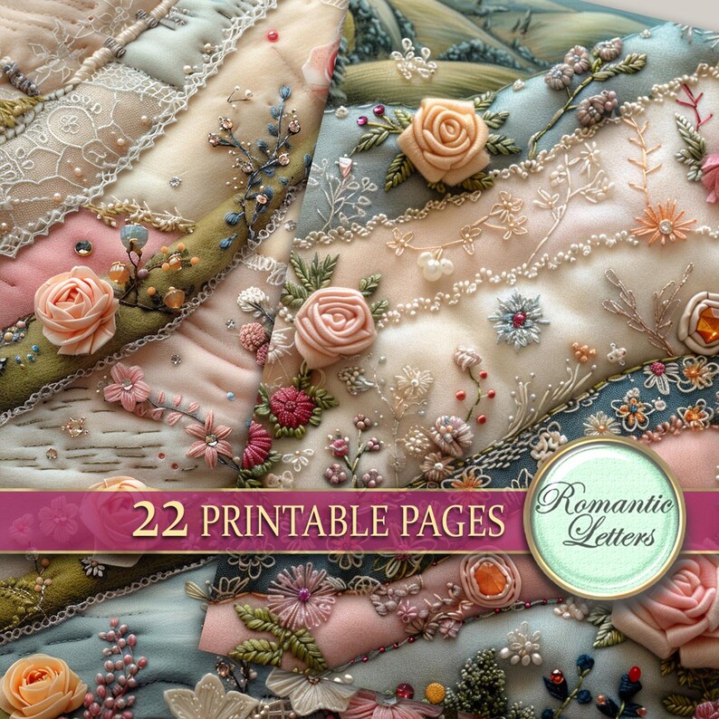 K&ouml;nnte beinhalten: Eine Sammlung von 22 druckbaren Seiten mit aufwendigen Stickereien mit zarten Blumen, Perlen und Spitze. Die Seiten sind perfekt f&uuml;r Bastelprojekte, Scrapbooking oder um Ihrem Zuhause einen Hauch von Vintage-Charme zu verleihen.