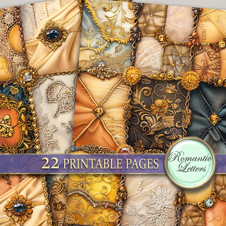 Digital printable scrapbook paper pack medieval fabric luxury craft paper gothic junk journal tufted silk antique gold Victorian paper A4 image 5