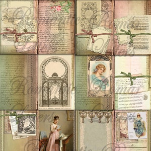 May include: Printable journal kit with vintage style images. The kit includes pages with floral designs, handwritten text, and illustrations of women, peacocks, and other decorative elements. The kit is 8.5x11 inches.