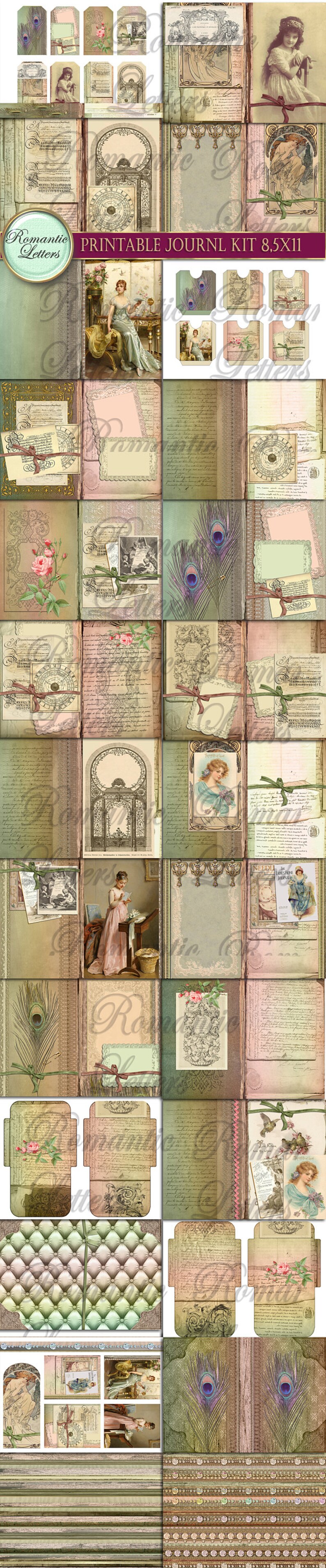 May include: Printable journal kit with vintage style images. The kit includes pages with floral designs, handwritten text, and illustrations of women, peacocks, and other decorative elements. The kit is 8.5x11 inches.