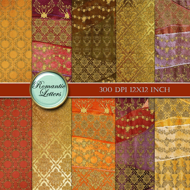 Gold Patchwork Digital Scrapbook Album Paper Fabric Gold Print Etsy