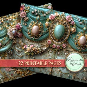 Puede incluir: Un dise&ntilde;o digital ornamentado con cortinas turquesas, detalles dorados, rosas rosas y gemas ovaladas. El texto "22 PRINTABLE PAGES" se muestra en una pancarta roja, con "Romantic Letters" en un marco circular.