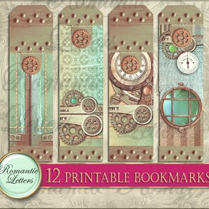 May include: Twelve printable bookmarks featuring a steampunk design with gears, clock faces, and a porthole window. The bookmarks are in shades of brown, green, and blue.