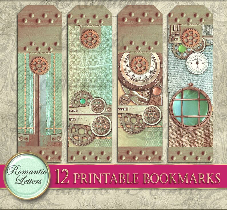 May include: Twelve printable bookmarks featuring a steampunk design with gears, clock faces, and a porthole window. The bookmarks are in shades of brown, green, and blue.
