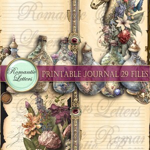 May include: A printable journal with a vintage aesthetic. The design features ornate bottles, a unicorn, and floral arrangements. The text reads "Romantic Letters" and "Printable Journal 29 Files". The background is aged paper with lined pages.