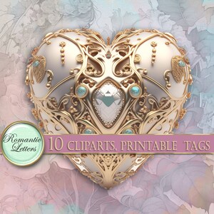 May include: A gold heart-shaped frame with intricate details and a large clear diamond in the center. The frame is decorated with turquoise gemstones and has a white background.
