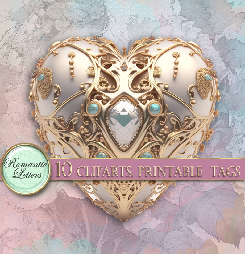 May include: A gold heart-shaped frame with intricate details and a large clear diamond in the center. The frame is decorated with turquoise gemstones and has a white background.