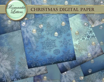 May include: A digital paper pack with a blue and white winter theme. The design features snowflakes, pine branches, and ornaments. The text "CHRISTMAS DIGITAL PAPER" is displayed on the image.