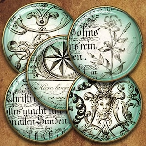 May include: Six round, teal-colored glass coasters with gold trim. Each coaster features a different vintage illustration in black and white. The illustrations include a compass, a flower, a decorative design, and text in a foreign language.