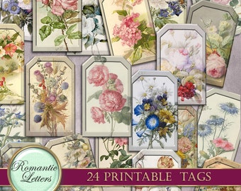 Printable scrapbook journal tags printable gift tags flowers printable bookmark tags printable product tag shabby chic junk journal tag rose