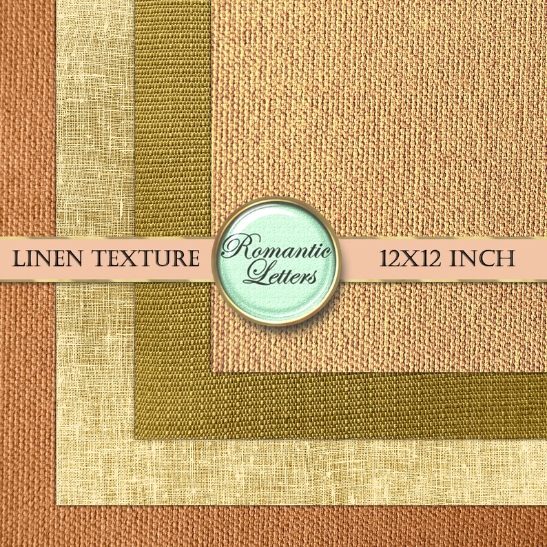 Peut inclure: Quatre textures de lin diff&eacute;rentes en beige, marron et vert. Les textures sont dispos&eacute;es en grille. Le texte "LINEN TEXTURE" et "Romantic Letters" est visible sur l'image. L'image mesure 30,48 x 30,48 cm.