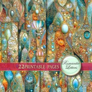 May include: A collection of 22 printable pages with a mosaic design. The pages feature a mix of teal, gold, orange, and blue colors with ornate patterns and jewel-like accents. The text "Romantic Letters" is displayed on a circular emblem.