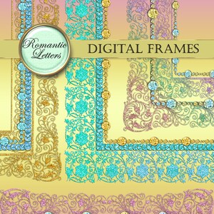 May include: Four digital frames with a glittery, ornate design. The frames are in shades of gold, blue, pink, and yellow. The text "Romantic Letters" and "Digital Frames" is visible in the image.
