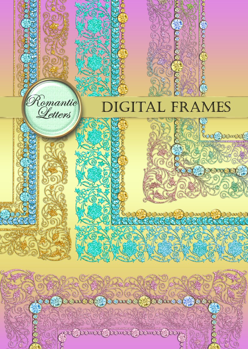 May include: Four digital frames with a glittery, ornate design. The frames are in shades of gold, blue, pink, and yellow. The text "Romantic Letters" and "Digital Frames" is visible in the image.