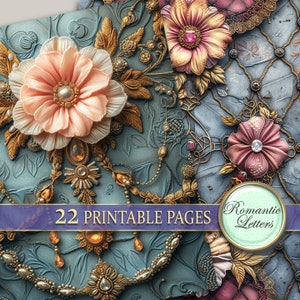 May include: A digital paper pack with 22 printable pages featuring a blue and gold floral design with the text "Romantic Letters" and "22 Printable Pages".