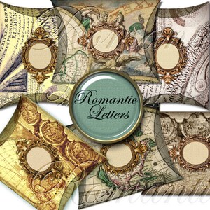 Puede incluir: Cuatro cajas de almohada de estilo vintage con marcos dorados ornamentados y un fondo de mapa. Las cajas tienen espacios circulares en blanco para agregar texto o im&aacute;genes. Las cajas est&aacute;n etiquetadas "Cartas rom&aacute;nticas".