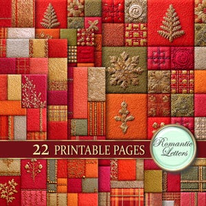Op de afbeelding: Een patchwork-ontwerp in tinten rood, oranje, goud en groen, met geborduurde en getextureerde vierkanten. De afbeelding bevat de tekst "22 PRINTABLE PAGES" en een cirkelvormig logo met de woorden "Romantic Letters".