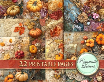 May include: A digital collage of 22 printable pages featuring autumnal themes. The collage includes images of pumpkins, leaves, mushrooms, and other fall-themed elements. The text "22 Printable Pages" and "Romantic Letters" is visible in the image.