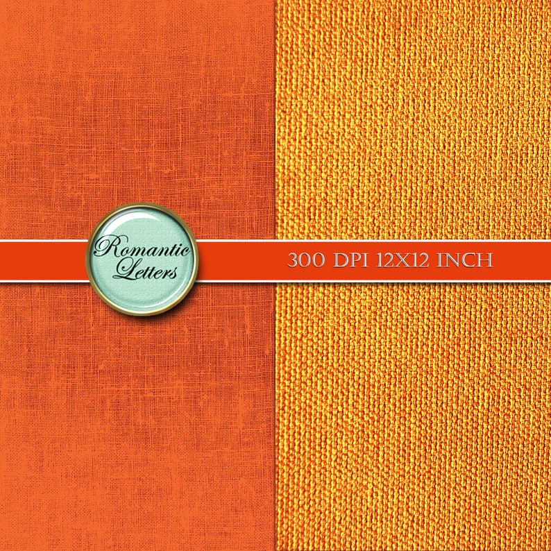 K&ouml;nnte beinhalten: Zwei digitale Papiertexturen, eine orange und eine gelbe, mit einem gewebten Stoffmuster. Der Text "Romantic Letters" befindet sich in einem Kreis auf der orangen Textur. Der Text "300 DPI 12X12 INCH" befindet sich auf der gelben Textur.