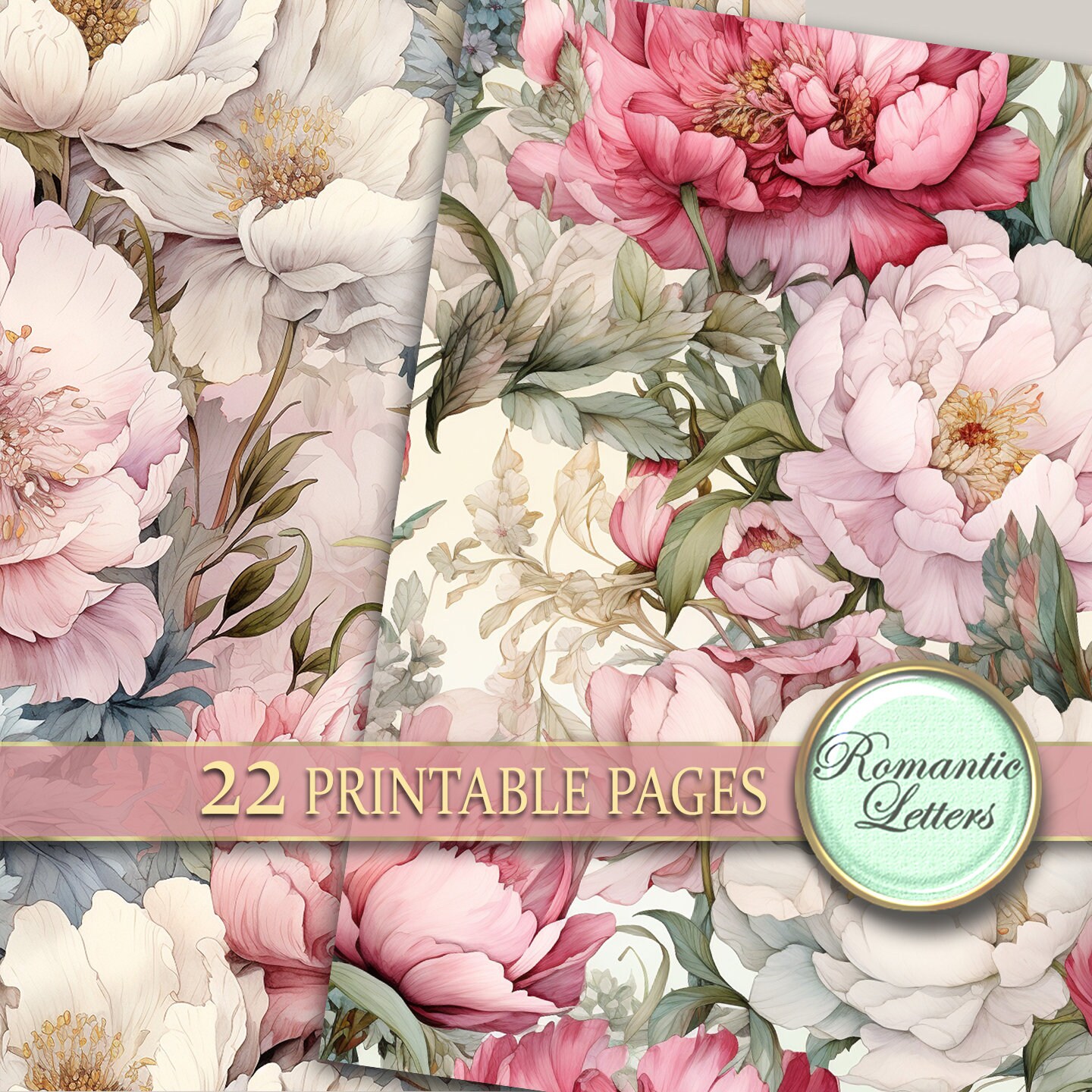 Peony Roses Digital Scrapbook Paper Pack Shabby Chic Flower Botanical ...