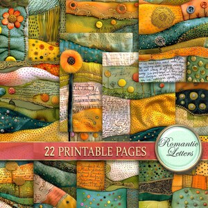 May include: A digital collage of 22 printable pages featuring a patchwork design with various textures, colours, and patterns. The pages include a mix of yellow, green, blue, and brown hues, with a floral motif and handwritten text. The text reads "Romantic Letters" and "22 Printable Pages".