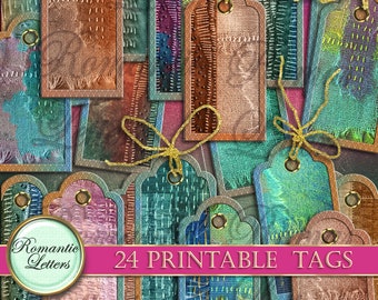 Printable junk journal tags printable gift tags printable bookmark hang tags printable product tags vintage fabric stitch paper crafts