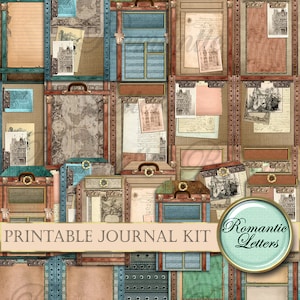 Könnte beinhalten: Druckbarer Journal-Kit mit Vintage-Gepäck und Reise-Papieren, darunter eine Karte, Briefe und ein Gebäude. Das Kit hat ein blaugrünes und braunes Farbschema und der Text "Romantische Briefe" befindet sich auf einem blaugrünen Kreis.