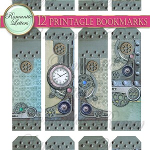 Puede incluir: Doce marcadores imprimibles con un dise&ntilde;o steampunk con engranajes, relojes y otros elementos industriales. Los marcadores est&aacute;n en tonos de azul, verde y marr&oacute;n.