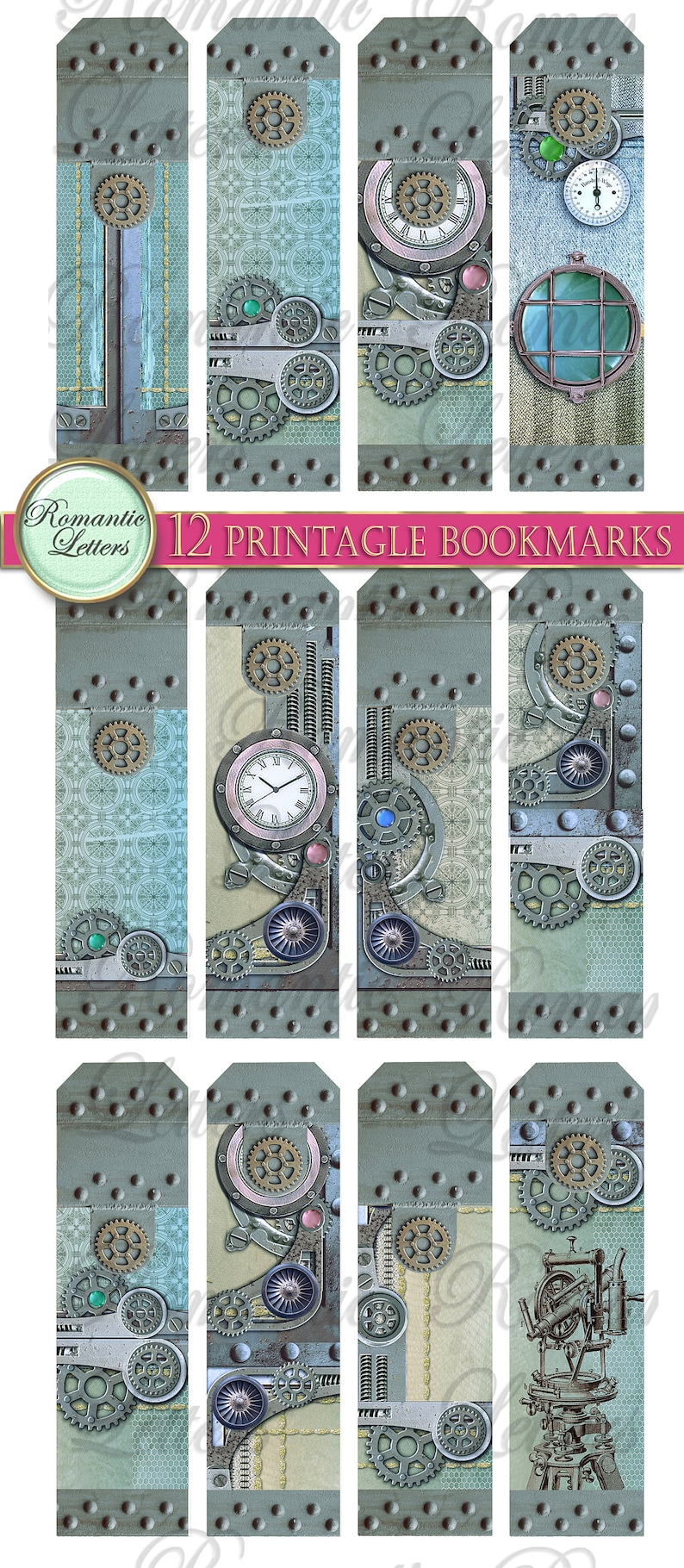 Puede incluir: Doce marcadores imprimibles con un dise&ntilde;o steampunk con engranajes, relojes y otros elementos industriales. Los marcadores est&aacute;n en tonos de azul, verde y marr&oacute;n.