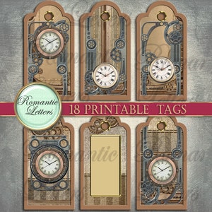 May include: Set of 18 printable tags featuring a steampunk design with gears, clocks, and a brown and beige background. The tags are perfect for adding a unique touch to gifts, favors, or crafts.