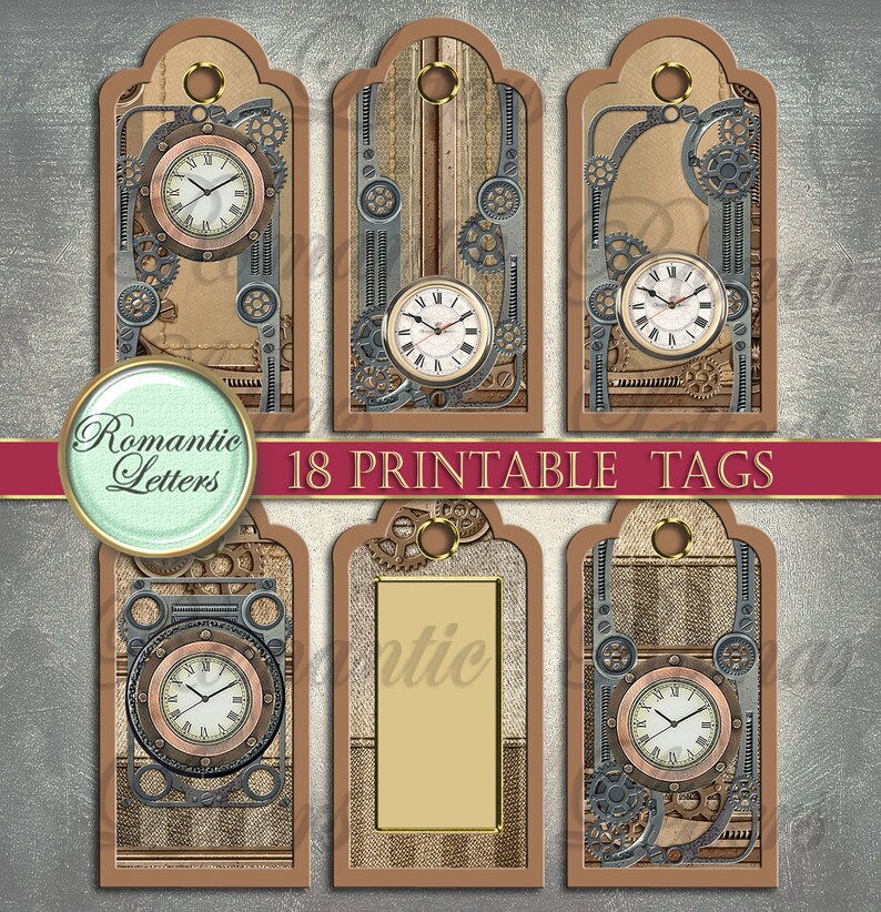 May include: Set of 18 printable tags featuring a steampunk design with gears, clocks, and a brown and beige background. The tags are perfect for adding a unique touch to gifts, favors, or crafts.
