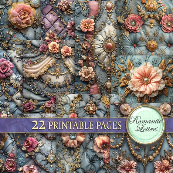 Digital printable scrapbook paper pack Shabby chic fabric luxury craft paper gothic journal tufted silk antique gold Victorian flowers A4