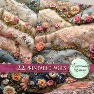 K&ouml;nnte beinhalten: 22 druckbare Seiten mit floralen Stickmustern. Die Designs zeigen eine Vielzahl von Blumen, darunter Rosen, G&auml;nsebl&uuml;mchen und Lilien, in den Farben Rosa, Wei&szlig; und Blau. Die Designs sind perfekt, um wundersch&ouml;ne Stickprojekte zu erstellen.