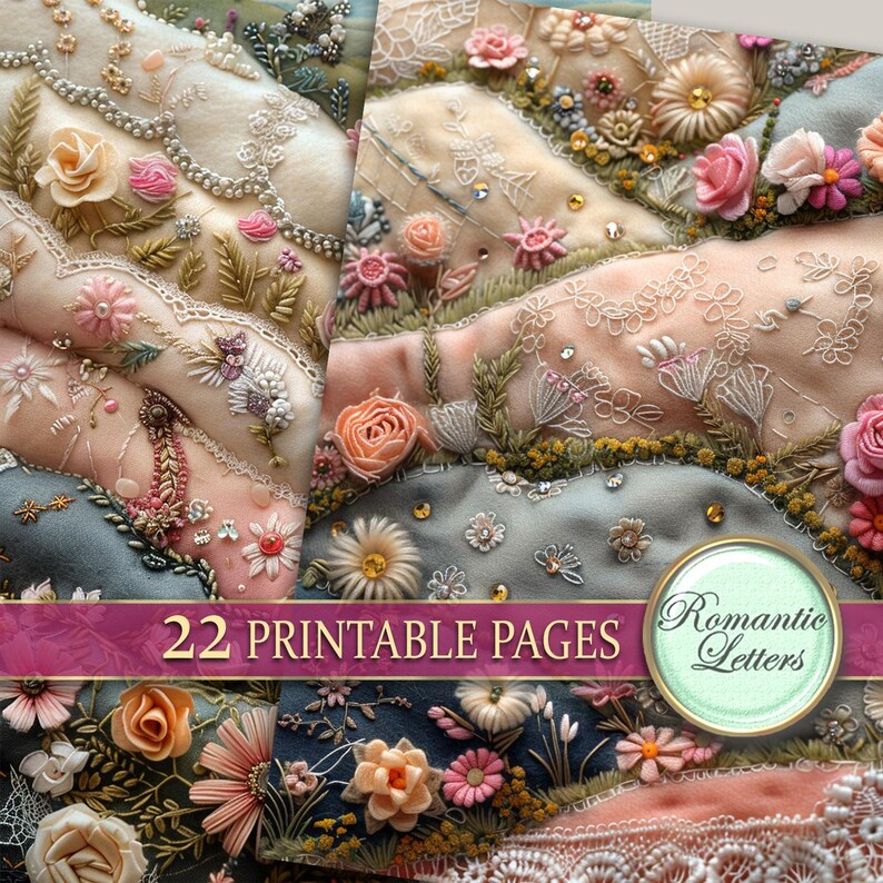K&ouml;nnte beinhalten: 22 druckbare Seiten mit floralen Stickmustern. Die Designs zeigen eine Vielzahl von Blumen, darunter Rosen, G&auml;nsebl&uuml;mchen und Lilien, in den Farben Rosa, Wei&szlig; und Blau. Die Designs sind perfekt, um wundersch&ouml;ne Stickprojekte zu erstellen.