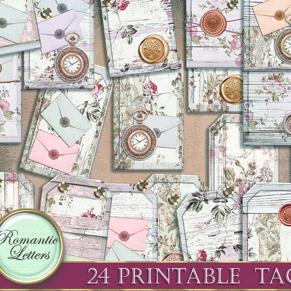 Imprimer junk journal tags imprimés étiquettes cadeau imprimable signet imprimable produit imprimable tags vintage mariage faveur tag shabby chic rose floral