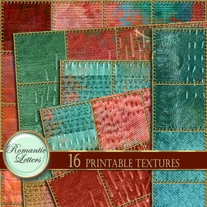 Pode incluir: Uma colagem digital de dezasseis texturas imprimíveis com um design de patchwork de quadrados de tecido vermelhos, verdes e azul-petróleo com bordas costuradas amarelas visíveis. Um emblema circular exibe o texto Romantic Letters e 16 PRINTABLE TEXTURES.