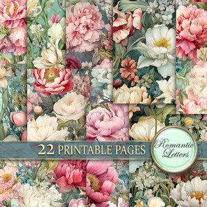 Viktorianische digitales Scrapbook Papier Set Shabby Chic Blume Botanisches digital bedruckbares Junk Journal Papier florale Muster A4